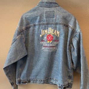 Vintage Jim Beam Kentucky Bourbon Whiskey Embroidered Denim Jean Jacket XL 48”